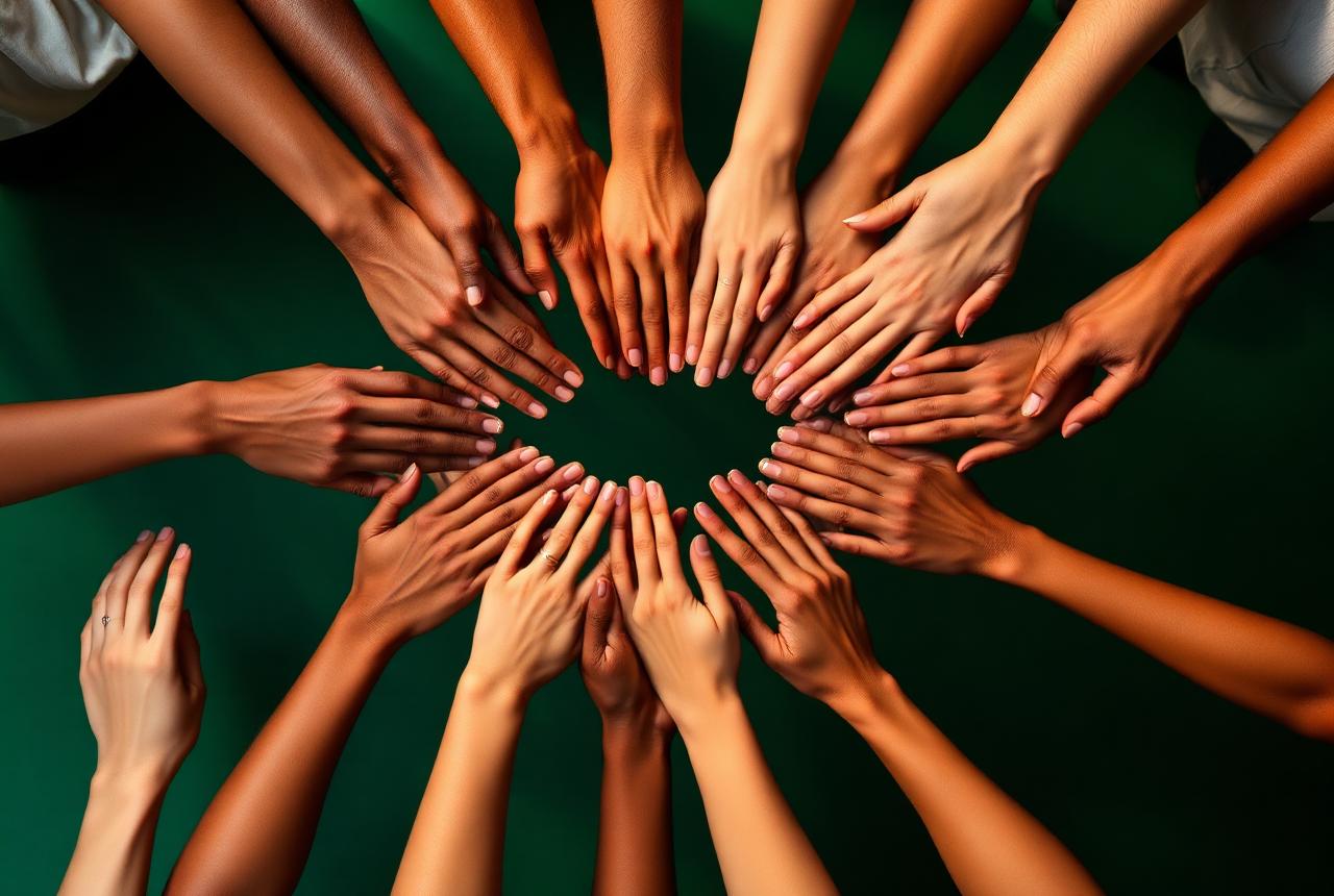 Hands of many people joined together in a circle